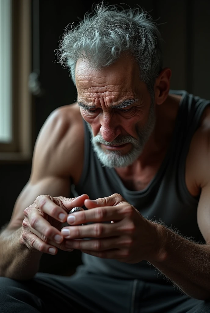 Generate an old man masturbating and cumming with a hard cock