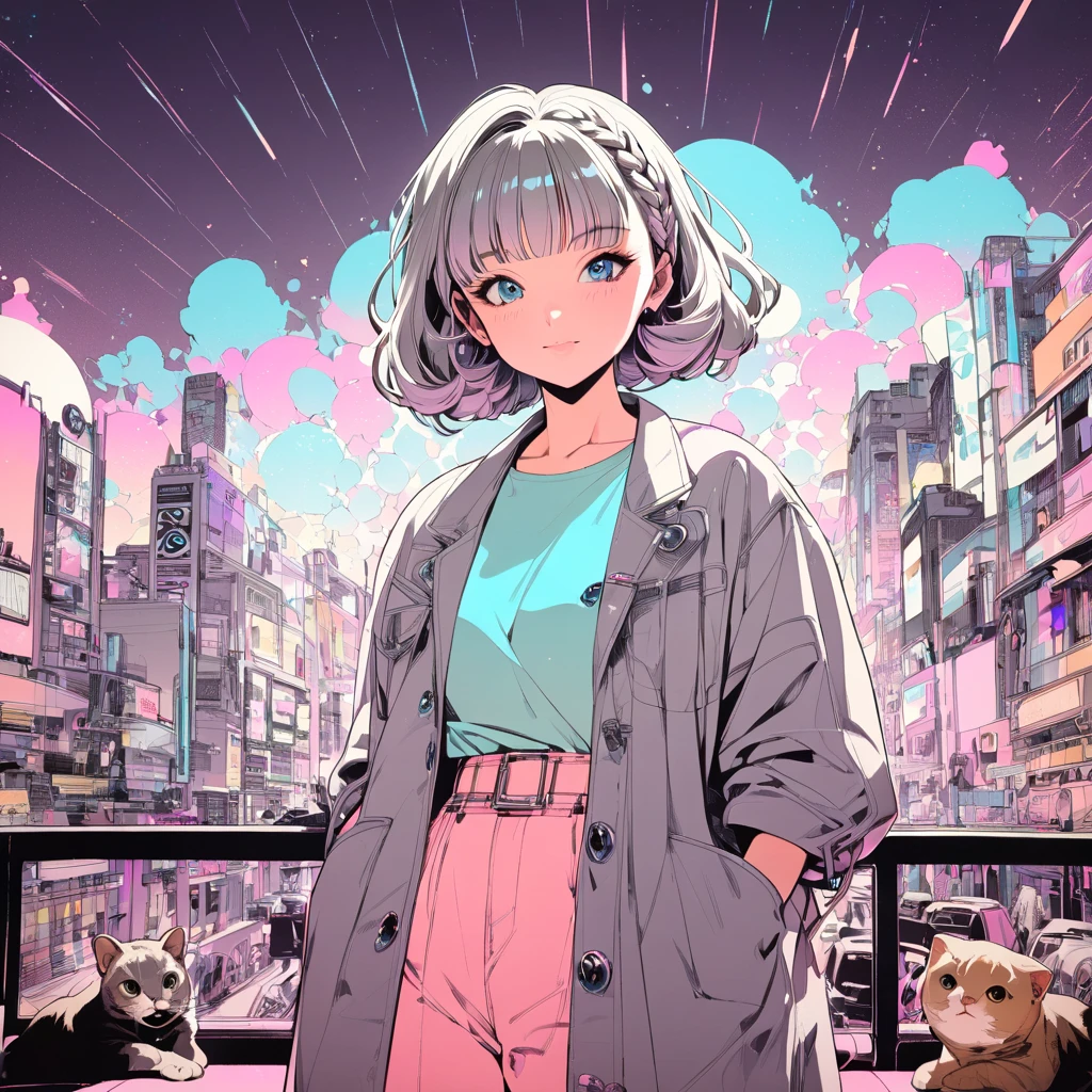 (   best quality :1.2,      city pop style ,      very detailed , Latest,   lively,      high contrast   , masterpiece:1.2,    best quality ,   best aesthetics ),  1 girl、Two cats, ((     frontal shot   :1.4)),  Grey Hair、Braid on a bob with short hair、 pastel colors ,   1980s style  , ((Retro,   vintage, Plain background ))   best quality , 　masterpiece　    there is nothing   　masterpiece、  idol group  、Two catsを抱えている、Scottish fold with grey coat 、 Scottish fold with mixed grey and brown coat、cute girl、 Casual style staring at viewers 、 slightly reddened cheeks 、 Fireworks festival background、Flowerpunk、  Glowing light particles 、    brilliant gradient effect    