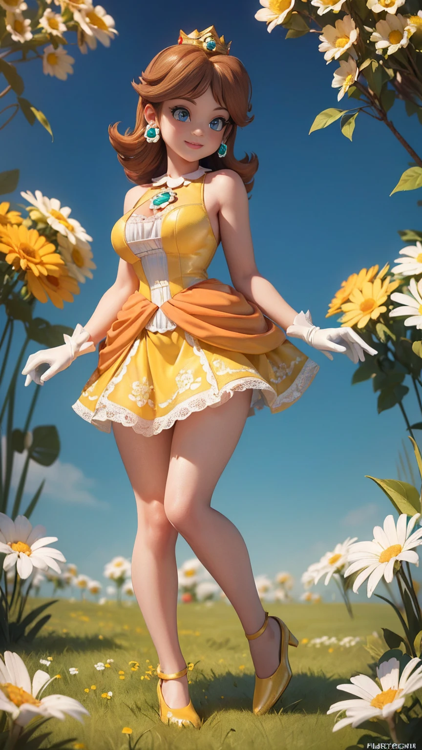 ((masterpiece,best quality,ultra-delicate,Perfect Face,detailed eyes,16k,high resolution,very beautiful girl)), princess daisy, yellow princess dress, white gloves, brown hair,large breasts,full body shot,smile,energetic,many flower garden