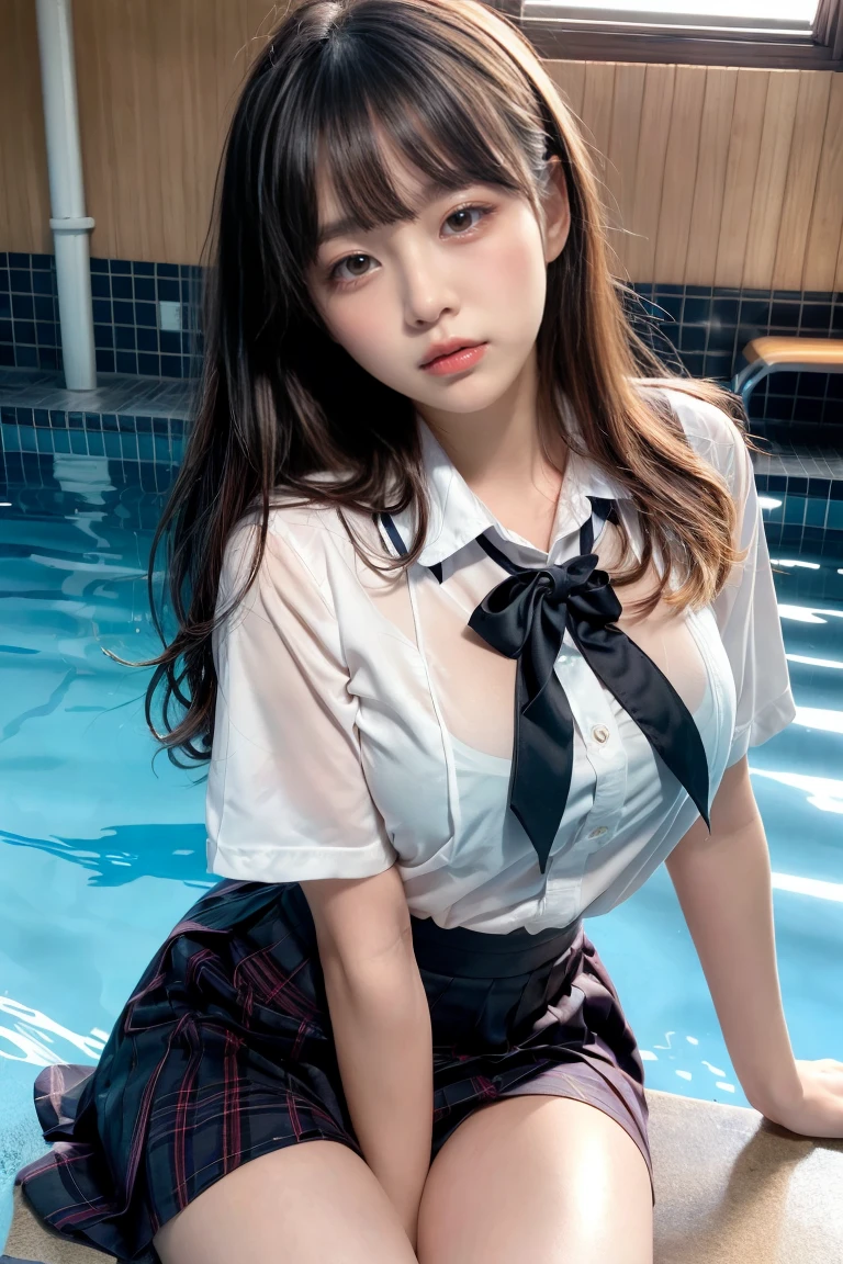 (((top-quality、masterpiece))、Raw photography、8K、top-quality、 超A high resolution、Beautiful face in every detail、Realistic human skin、Gentle expression、front-facing view、Farbe々From an angle、length hair、realisitic、Photorealsitic、cute little、a short skirt、cute school girl、Japan schoolgirl wearing uniform、Surreal High School Girl、blue-sky、outside of house、in poolside、wrist watch、a necklace、
