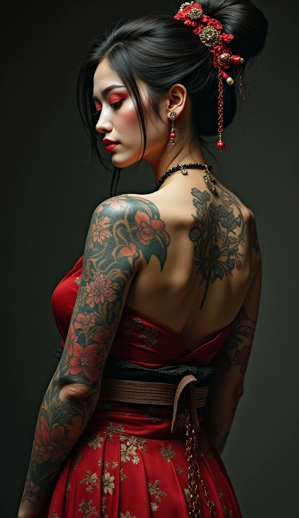 20 year old Japanese　woman　Tattoo from shoulder to arm　Rose Tattoo　looking at the camera　　Black Hair