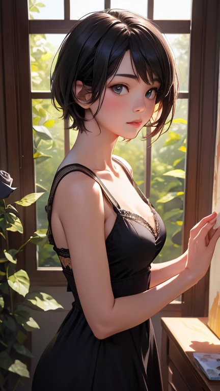 Girl surrounded by black roses, lapis lazuli painting depicting a woman wearing a dress and 、Sunlight is shining through the window,  creating a warm and inviting atmosphere,Asian Girl, Realistic,  best quality, photo-Realistic 8k, ( best quality:1.1), masterpiece, (Realistic:1.1), photo-Realistic