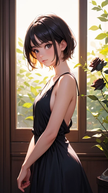 Girl surrounded by black roses, lapis lazuli painting depicting a woman wearing a dress and 、Sunlight is shining through the window,  creating a warm and inviting atmosphere,Asian Girl, Realistic,  best quality, photo-Realistic 8k, ( best quality:1.1), masterpiece, (Realistic:1.1), photo-Realistic