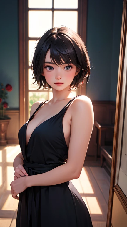 Girl surrounded by black roses, lapis lazuli painting depicting a woman wearing a dress and 、Sunlight is shining through the window,  creating a warm and inviting atmosphere,Asian Girl, Realistic,  best quality, photo-Realistic 8k, ( best quality:1.1), masterpiece, (Realistic:1.1), photo-Realistic