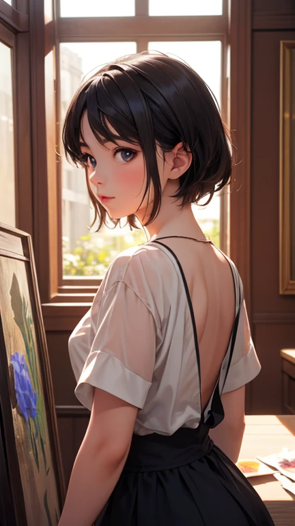 Girl surrounded by black roses, lapis lazuli painting depicting a woman wearing a dress and 、Sunlight is shining through the window,  creating a warm and inviting atmosphere,Asian Girl, Realistic,  best quality, photo-Realistic 8k, ( best quality:1.1), masterpiece, (Realistic:1.1), photo-Realistic