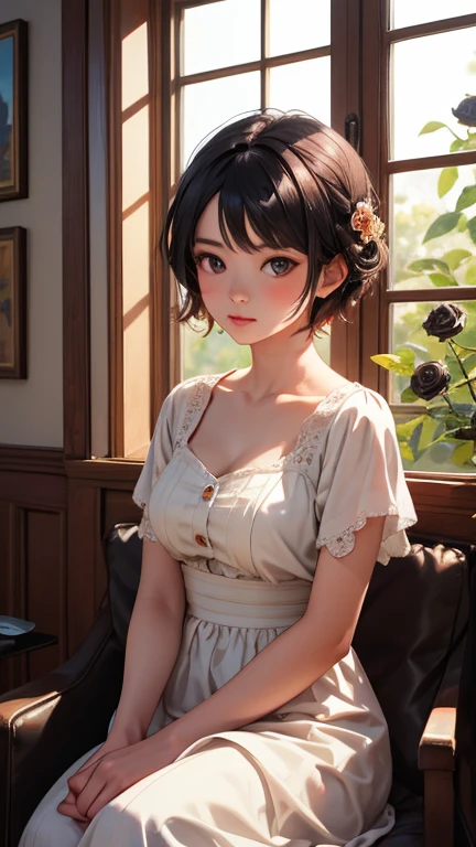 Girl surrounded by black roses, lapis lazuli painting depicting a woman wearing a dress and 、Sunlight is shining through the window,  creating a warm and inviting atmosphere,Asian Girl, Realistic,  best quality, photo-Realistic 8k, ( best quality:1.1), masterpiece, (Realistic:1.1), photo-Realistic