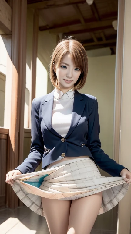 Top quality work，Actual work，Ultra Premium Graphics，8K HD CGオペレーション，High quality graphics、Short black bob hair and lip gloss、(((Roll up the skirt yourself)))，(I lifted it myself)，blazer)、 8k octane, Cinematography,  super detailed portrait photography,  textured skin,  very detailed ,  High Definition Model ,  best quality, masterpiece,  best quality, スーパーリアルフォト、skirt-lift.パンチラ、