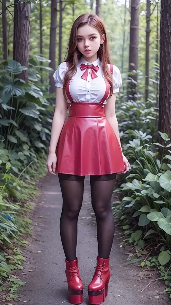  full body  , fitted figure , cute beautiful schoogirl,  beautiful cute teen face with big lips ,  High Waisted red sexy  leather skater  pinafore dress,  blouse short  puffy sleeves ,  High Waisted red leather short  skater skirt, red tie , brunette long hair,  Beautiful eyes. stockings,   thick platform shoes, teen girl standing in the forest ,  photorealistic, Full body