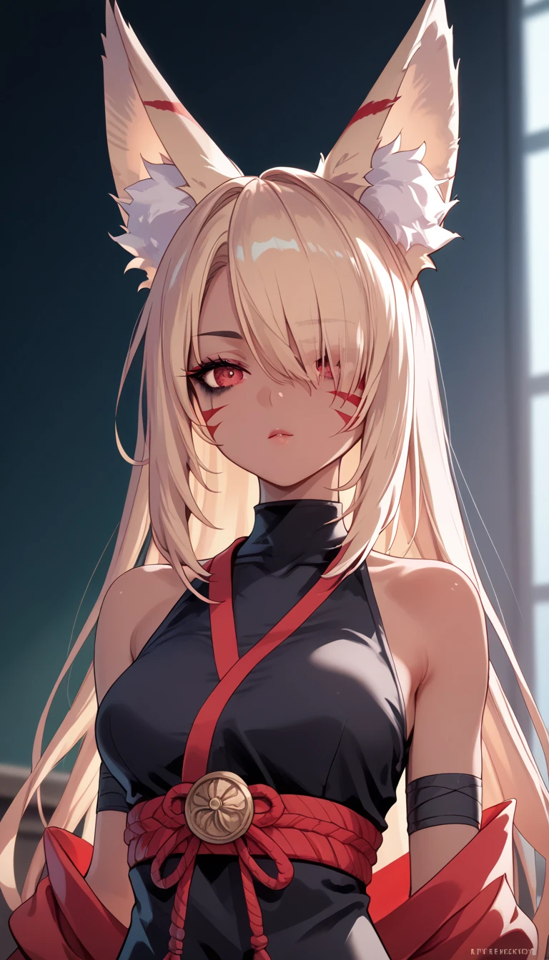  dark skin ,  hair covers the eye, rpg, bare shoulders, 1 girl,  long golden hair, 4K,  red eyes , , fox ears,  duration , hair template ,   red stripes on face,  compose, black mascara, cutout, bris iere , at school, is, ninja costume