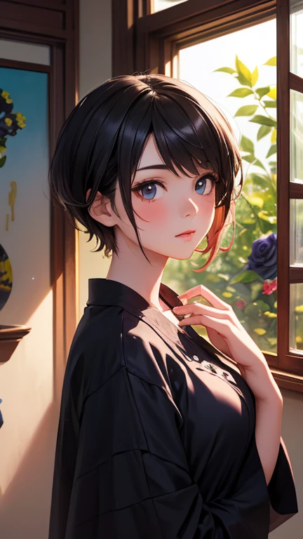 Girl surrounded by black roses, lapis lazuli painting depicting a woman wearing a dress and 、Sunlight is shining through the window,  creating a warm and inviting atmosphere,Asian Girl, best quality,( best quality:1.1), high definition ,  background blur , 