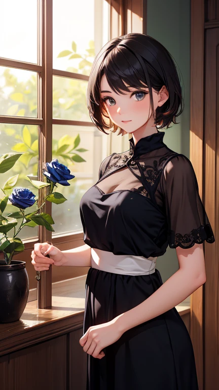 Girl surrounded by black roses, lapis lazuli painting depicting a woman wearing a dress and 、Sunlight is shining through the window,  creating a warm and inviting atmosphere,Asian Girl, best quality,( best quality:1.1), high definition ,  background blur , 