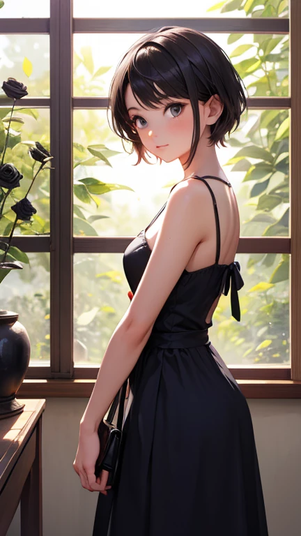 Girl surrounded by black roses, lapis lazuli painting depicting a woman wearing a dress and 、Sunlight is shining through the window,  creating a warm and inviting atmosphere,Asian Girl, best quality, photo-realistic 8k, ( best quality:1.1), masterpiece, 