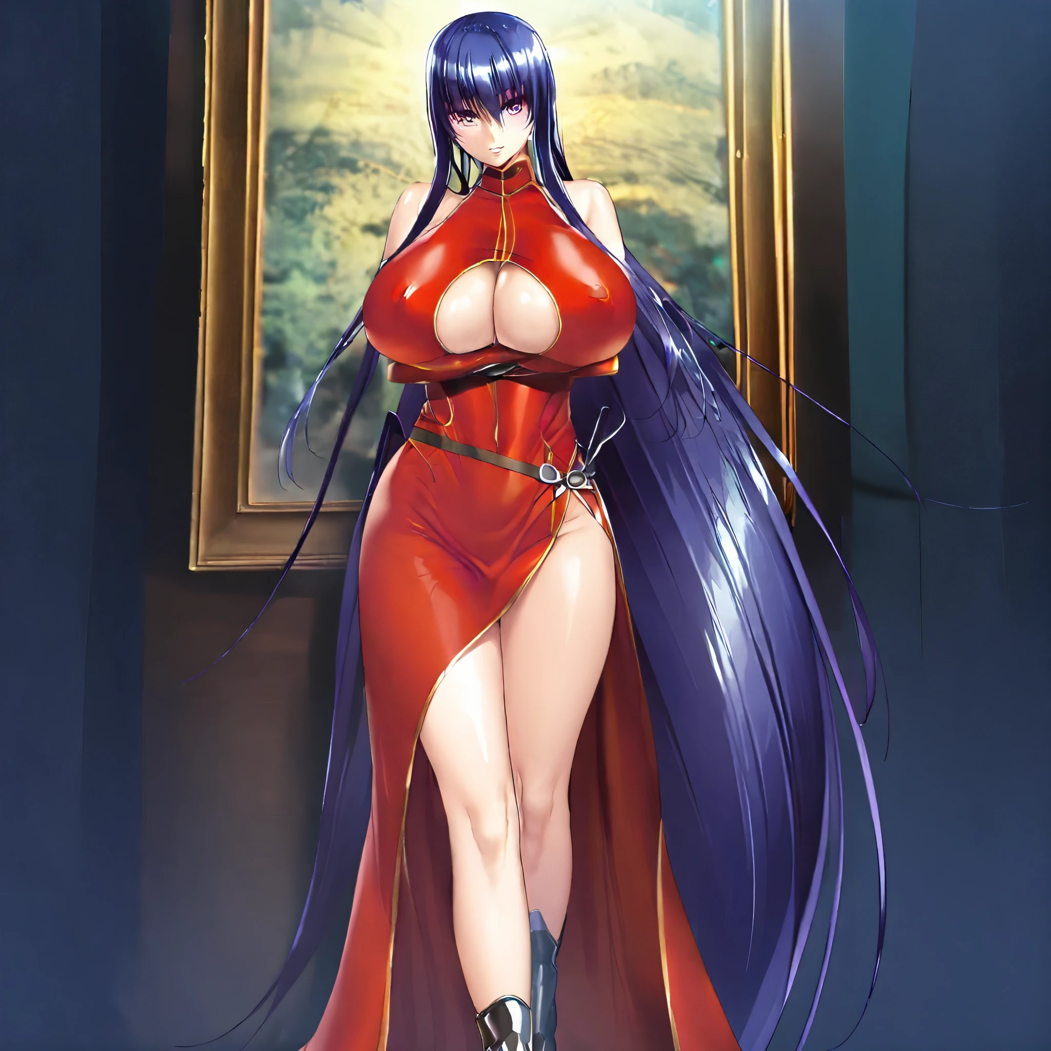 Akiyama Rinko,      1 girl, Alone,      Blue Hair, langes Haar,      purple eyes, hair between the eyes, lipstick, parted lips, Body,  look at the observer , Waits standing for the observer  , inviting,     full body photo    ,     legs crossed    ,    hands and arms under the chest and press the breasts up and together with your arms,   red long halter dress   ,    long leg slit on dress   