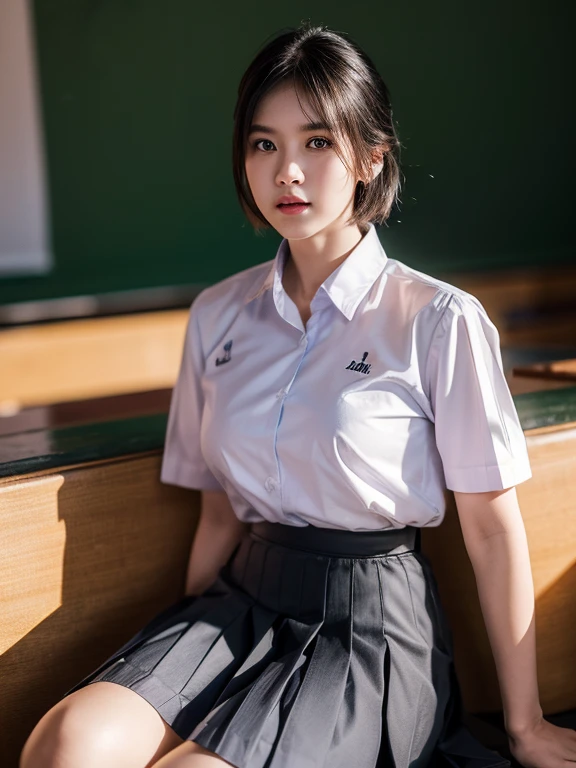 (photorealistic:1.4),Best quality, masterpiece, ultra high res, raw photo,rim  lighting,(cowboy shot) ,Thai classroom , 1girl,(mathayom uniform),white shirt short sleeves,(black pleated long skirt:1.2),short hair ,dramatic scene,sitting on chair , Pretty thai woman short hair , big breasts
 