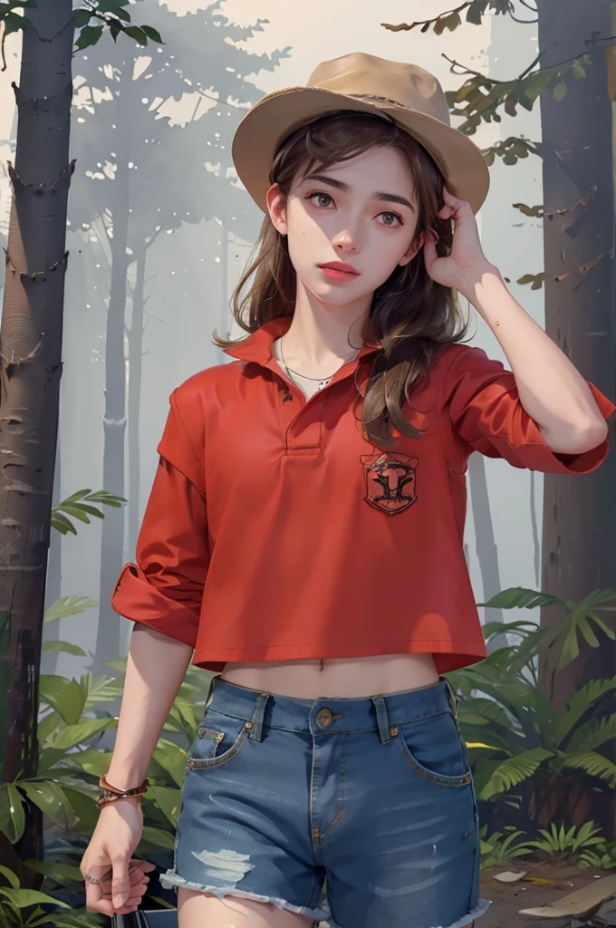 photorealistic,      high resolution    , miss, Shining Skin,  Unique,  Jewelry,     pink lips   , ,hat，    brown hair  ,   Brown eyes ,      hip up     ,，Nice red top ，denim shorts， Forest Background ，boy，handsome guy