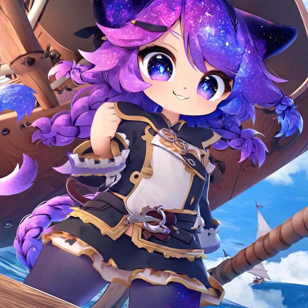 quality\(8k,wallpaper of extremely detailed CG unit, ​masterpiece,hight resolution,top-quality,top-quality real texture skin,hyper realisitic,increase the resolution,RAW photos,best qualtiy,highly detailed,the wallpaper\),solo,1catgirl\(cute, kawaii,small ,hair color cosmic,braid hair,messy hair,eye color cosmic,big eyes,smile,have an eyepatch on right eye,smirk,pirates costume,dynamic pose,dinamic action,dynamic angle:1.4,full body\),background\(on the wooden ship,beautiful sea,simple\),(dynamic angle:1.6),draw human hand very correctly,