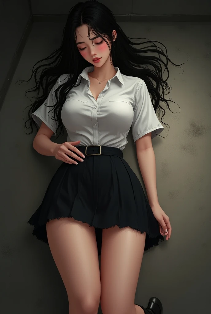 (full figure:1.1), (1 girl as yukino yukinoshita:1.5), highres, solo, (very small breasts:1.5), waist long black hair, (twintails:0.5), (pleated school miniskirt:1.5), (black thigh-high:1.5), (loose red ribbon:1.2), (cotton skirt:1.5), (unbuttoned white shirt:1.4), (ahegao:1.5), green eyes, (rolling eyes:1.5), (naked breasts:1.5), spread legs, (standing:1.1), legs wide open, (in a dungeon:1.2), legspread, breastapart, no panties, perfect body, perfect legs, (plump body:1.1), ahegao, fucked silly, looking up, rolling eyes, cross-eyed