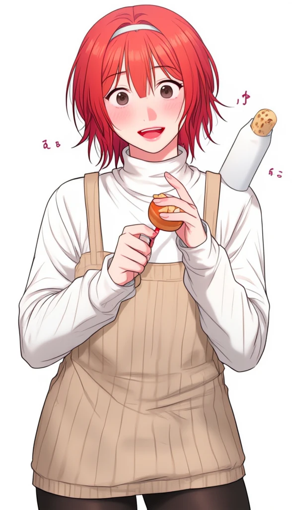 best quality, masterpiece, kyrielight mash, solo, 1girl, black eyes, white turtleneck shirt, light red hair, cute, white background, ((making food))