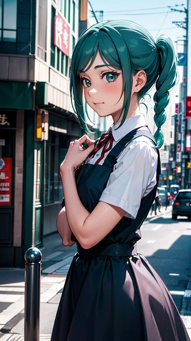 ((8K, Raw, Best Quality, Real 1.2), Ultra High Quality, High Resolution, Best Quality, Perfect Face, Perfect Limbs, Perfect Fingers, High Resolution, (Beautiful Anime Face, Cute Face, Detailed Face),onitsuka tomari, twin braids, twintails,(((aqua hair color)))-- ,,, shirt, dress, ribbon, uniform, white shirt, collared shirt, red ribbon, neck ribbon,, blue pinafore dress, grey dress, Yuigaoka uniform, ------ looking away from viewer, solo focus, paiyama, tree, shibuya japan, 109 intersection, real world location, landscape, outdoors, building, ground vehicle, road, street, car, city, daytime Best Quality Background, High Resolution Background, Highly Detailed Background --((Side View 1.3))),((Standing in the Middle of a Square 1.3))),((Waiting for Someone 1.3))),((Blushing and Embarrassed Expression 1.3)), miniature human hand, (((medium bust 1.3))), (((thin thighs 1.3))), perfect anatomy, perfect proportions, nice lighting, bright colors, clean lines, information, blurred, stunning facial expression, restless emotions, gorgeous and cute, beautiful face and eyes with every detail, (masterpiece) beautiful face, young and handsome girl, really perfect skin, blurred, facial expression, restless emotions, gorgeous and cute, beautiful face and eyes with every detail, (Audrey Hepburn), (cute), (J-POP idol), (thighs, (depth of field), (depth of detail), soft light, sparkling lens gaze, (droopy eyes)), straight teeth, shy smile, flowing hair,