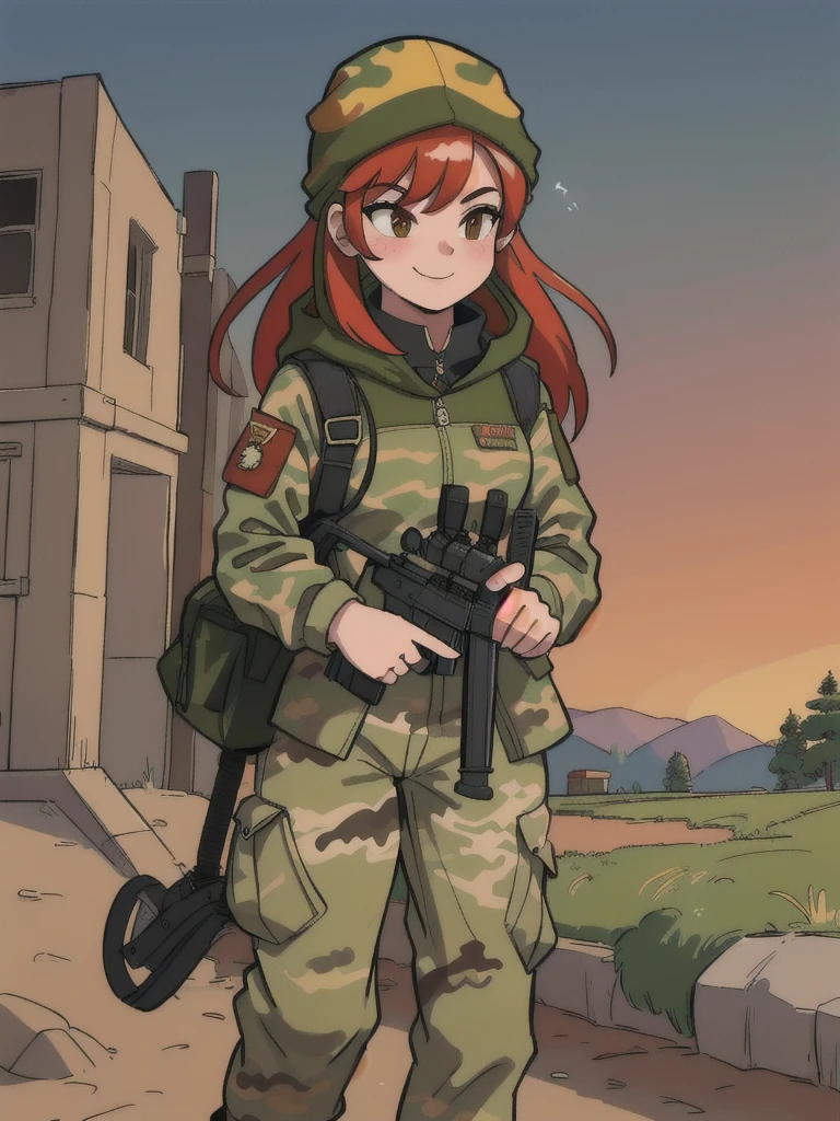 girl with smile and red hair, with a camouflage jacket, camouflage balaclava, camouflage pants and army boots, In the evening he walks through the village