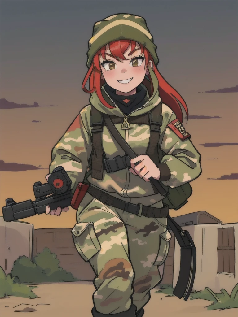 girl with smile and red hair, with a camouflage jacket, camouflage balaclava, camouflage pants and army boots, In the evening he walks through the village