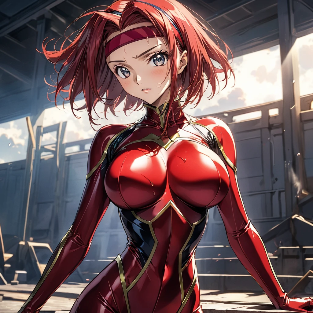 masterpiece, Best Quality, High resolution,16k,official art,super detailed skin,detailed,animated painting,(Karen Kouzuki),(Code Geass),1990s \(style\),Beautiful C-cup breasts、: ,Sweat all over、Muscular,,solo,Anime-style painting style, Redhead,Short Hair、Red hair band on forehead,Red bodysuit,(Cool face)、(Pointed Eyes),Composition focusing on the fullr body,Cinematic lighting,Superfine,magnificent view