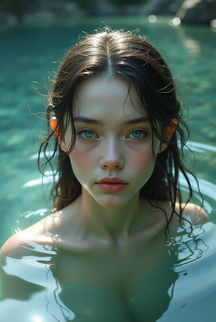 A water fairy close up on face in the water painting style