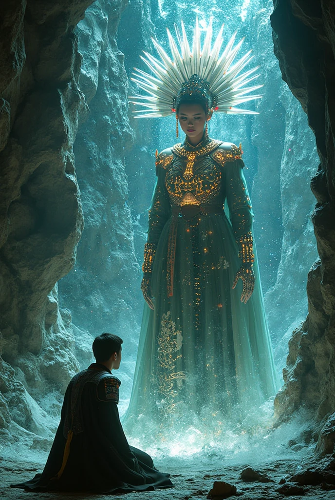 A Cyberpunk Ronin kneels at a shattered Murano glass altar, his figure framed perfectly in the lower right third, as the Asian mechanical Queen towers above in intricate jewelry, glowing faintly with neon engravings. Cozor's sprawling skyline rises behind her like a cathedral of light, casting kaleidoscopic reflections onto the altar’s jagged edges. The ornate detailing of her mechanical form and the Ronin’s scarred armor blend the romantic elegance of Mucha with Artgerm’s stylized vibrancy.