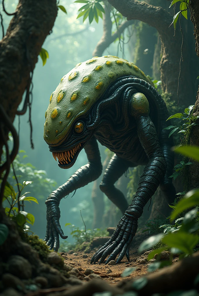 A bizarre alien grazing creature, extraterrestrial wildlife, large imaginative alien animal, detailed alien anatomy, intricate alien textures and patterns, cinematic lighting, fantasy landscape, dramatic composition, surreal color palette, highly detailed, 8K, photorealistic, masterpiece