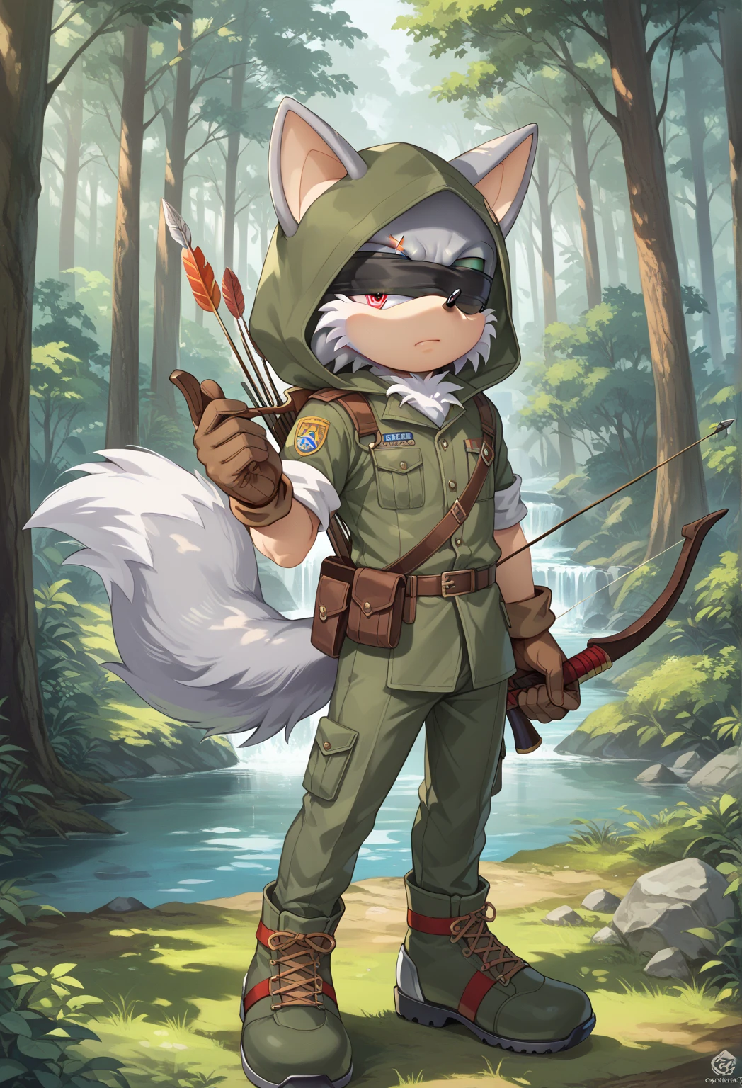 Male Wolf, ((Sonic character oc )), Male adult, ( silver fur in all body ), ( light gray inner ears ), (Alone), ( Short and messy hair ), forest, Left eye Blind , scar near the left eye that crosses the left eye diagonally, bow and quiver, con un hunter bow , Archery, wears a hood, brown gloves with cut toes and boots, yellow Eyes, Day time, ((mobian)), moebius forest, ranger clothing, (Fluffy Fur), Large Fluffy Tail, Serious poses, blindfold only one eye, with a Robot crow on the shoulder