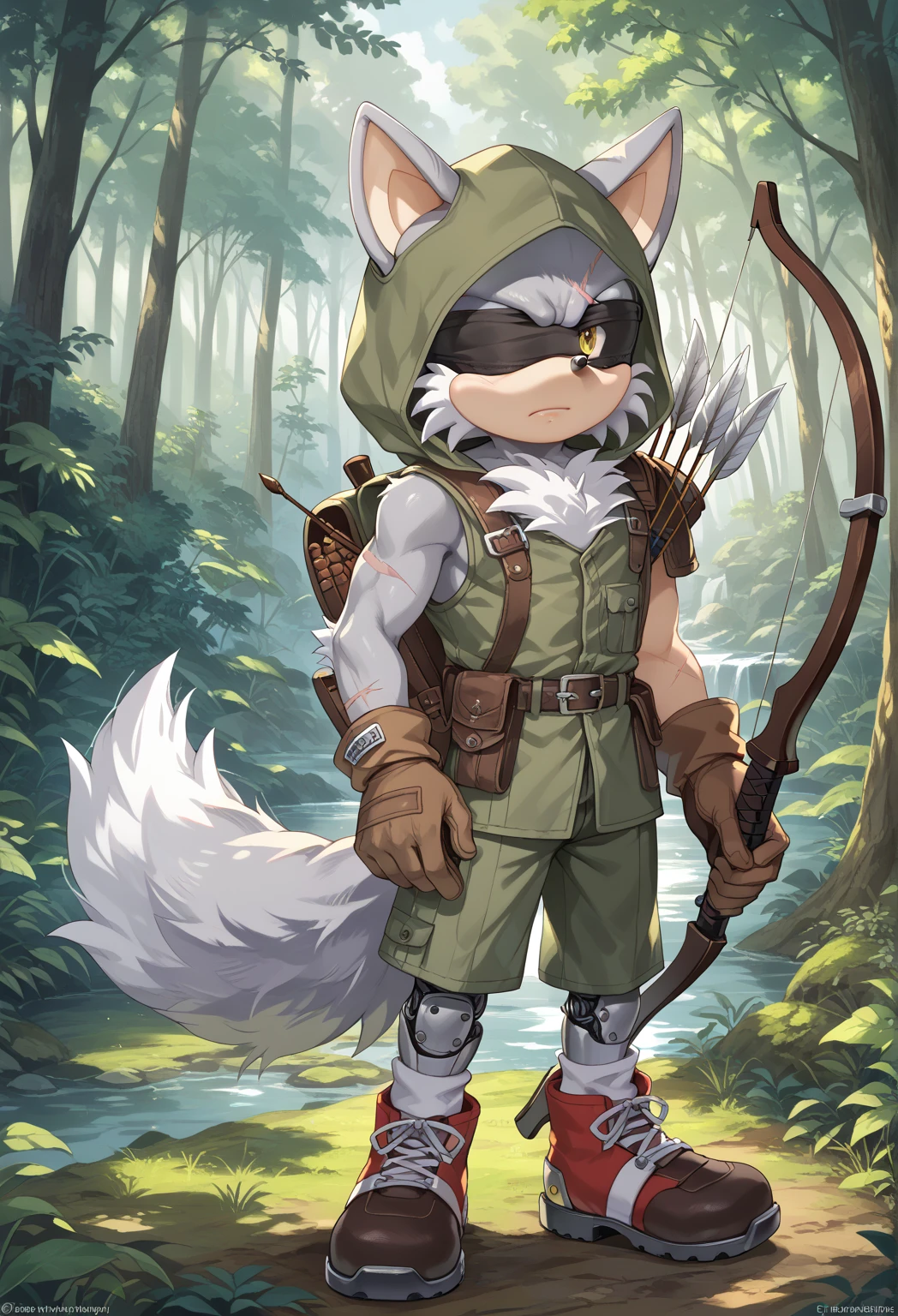 Male Wolf, ((Sonic character oc )), Male adult, ( silver fur in all body ), ( light gray inner ears ), (Alone), ( Short and messy hair ), forest, Left eye Blind , scar near the left eye that crosses the left eye diagonally, bow and quiver, con un hunter bow , Archery, wears a hood, brown gloves with cut toes and boots, yellow Eyes, Day time, ((mobian)), moebius forest, ranger clothing, (Fluffy Fur), Large Fluffy Tail, Serious poses, blindfold only one eye, with a Robot crow on the shoulder