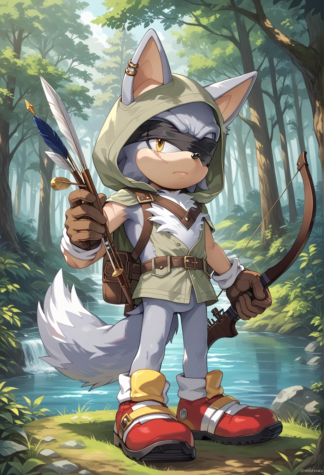 Male Wolf, ((Sonic character oc )), Male adult, ( silver fur in all body ), ( light gray inner ears ), (Alone), ( Short and messy hair ), forest, Left eye Blind , scar near the left eye that crosses the left eye diagonally, bow and quiver, con un hunter bow , Archery, wears a hood, brown gloves with cut toes and boots, yellow Eyes, Day time, ((mobian)), moebius forest, ranger clothing, (Fluffy Fur), Large Fluffy Tail, Serious poses, blindfold only one eye, with a Robot crow on the shoulder