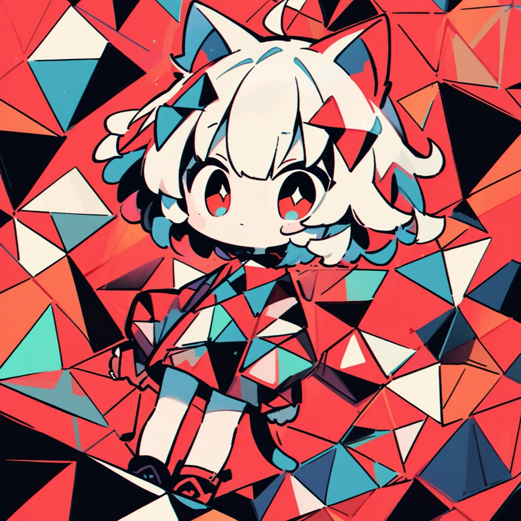 geometric sky,1girl\((catgirl:1.2),cat ear,cat eye,cute, kawaii,chibi,hair floating,hair shining brightly,curly hair,short hair,messy hair,eye color cosmic,big eyes,pale skin,(dynamic angle:1.4),standing,from below,from far),background\(red sky,sky is geometric,geometric clouds in the geometric sky,simple\),from below,long view