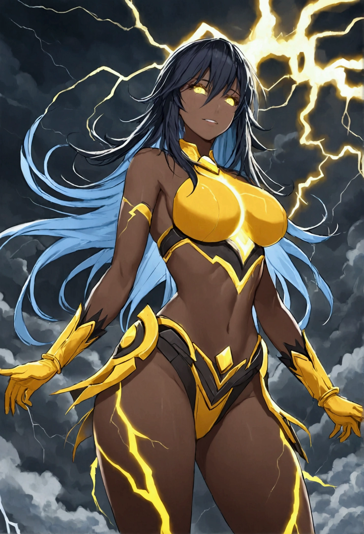 ((detailed beautiful dark skin anime thunder goddess)) curvy thick slim figure, ((dark yellow glowing weather storms in the background)) beautiful breast, beautiful detailed big booty, (dynamic pose) ((black goddess style clothes with glowing yellow lightning marks)) sexy, charm, exited, joy, ((beautiful eyes and face)) ((beautiful dark black long curly Afro with one glowing yellow thunder bolt hair clip)) ((soft lighting)) ((masterpiece)) yellow eyes, ((long black goddess gloves with yellow lightning marks and thunder storm aura)) ((everything with best details and great graphics))