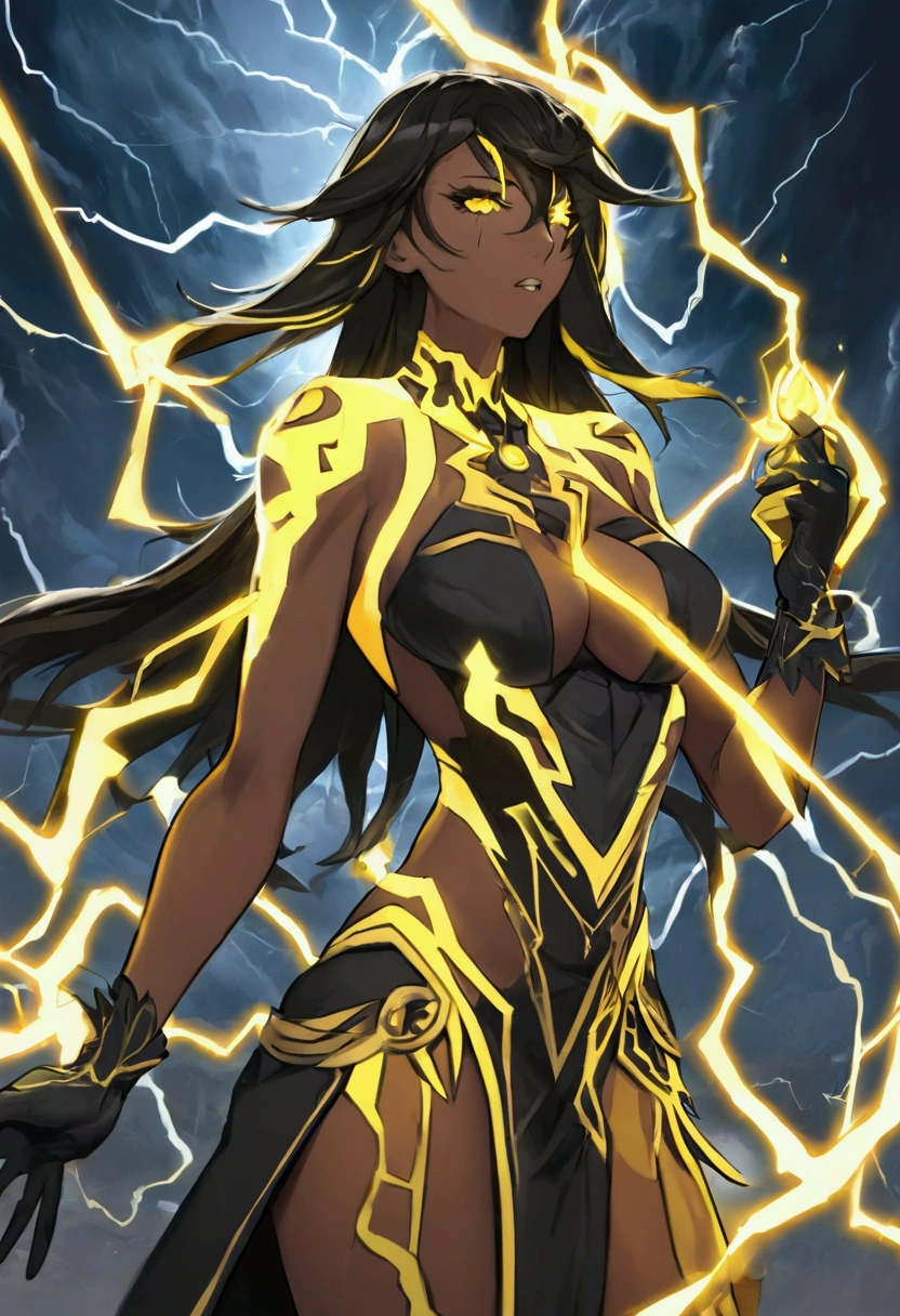 ((detailed beautiful dark skin anime thunder goddess)) curvy thick slim figure, ((dark yellow glowing weather storms in the background)) beautiful breast, beautiful detailed big booty, (dynamic pose) ((black goddess style clothes with glowing yellow lightning marks)) sexy, charm, exited, joy, ((beautiful eyes and face)) ((beautiful dark black long curly Afro with one glowing yellow thunder bolt hair clip)) ((soft lighting)) ((masterpiece)) yellow eyes, ((long black goddess gloves with yellow lightning marks and thunder storm aura)) ((everything with best details and great graphics))