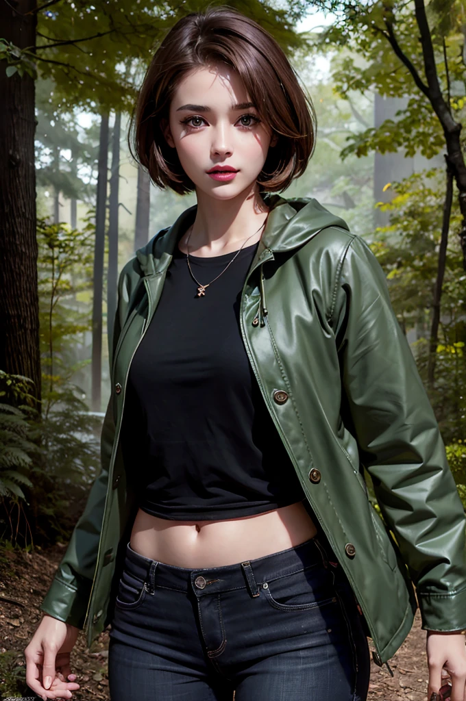 photorealistic,       high resolution    , miss, Shining Skin,  Unique, Tattoo, Jewelry,      pink lips   , Short hair,   Brunette ,     brown eyes ,  Green coat， black underwear，Black jeans   ,   Forest Background 