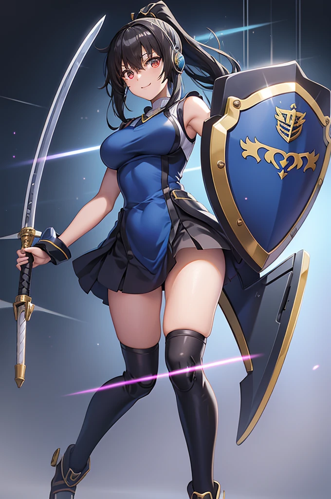 smile、smile、mecha wing、Thighs、tights、chest、Shiny black hair、 ponytail、 1 girl、 solo girl 、 headphones、idol dress、 I have a sword、 has a shield、mecha girl、 miniskirt that snaps around the knee、Ayano Hanesaki 