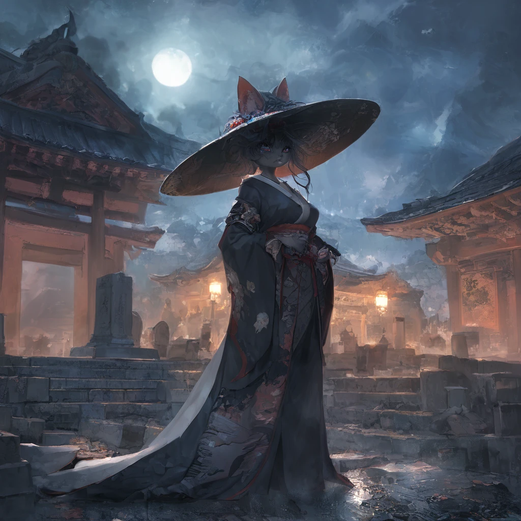 Quality\(8k,best quality,masterpiece,cinematic\),solo,alone,1lady\(gray cat,Rōnin uniform,Rōnin,ronin,wearing kasa hat,eye color cosmic,standing,(full body:1.4),super long shot,from side,breast\),background\(at japanese cemetery, raining,very dark,a blue small moon in the sky,hevy clouds\),super long shot,super long view