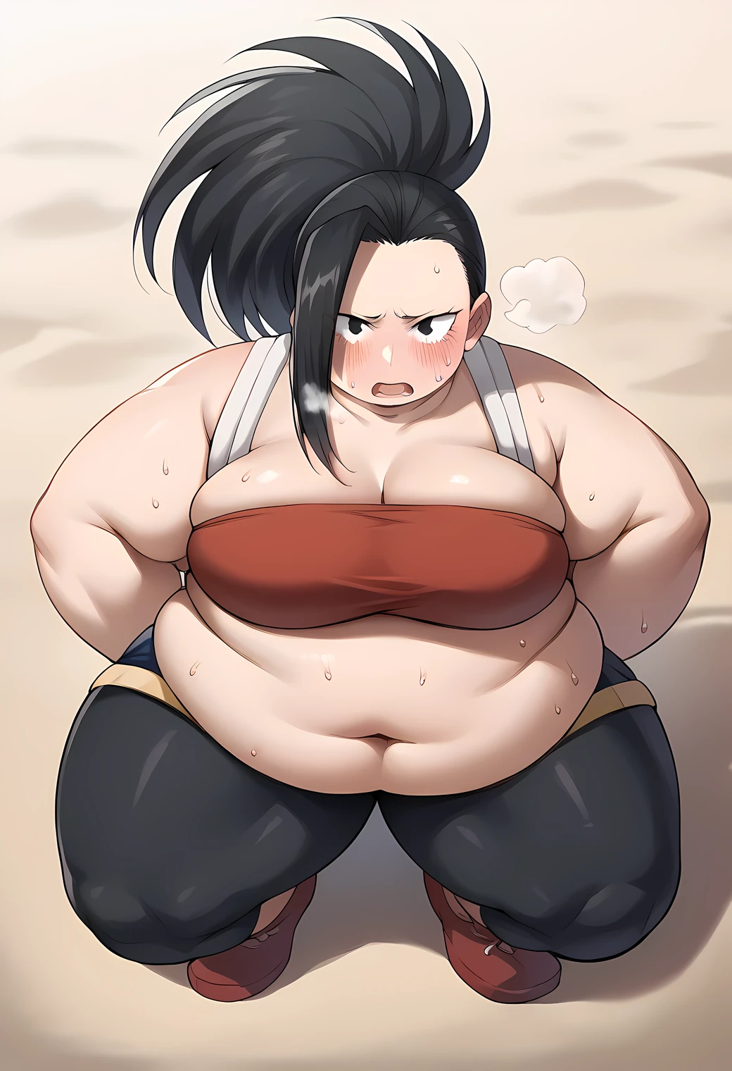 score_9, score_8_up, score_7_up, source_anime BREAK 1girl, momoyaoyorozu, yaoyorozu momo, black eyes, black hair, long hair, blush, black hair,, female , ganryu, red tube top, black bike shorts, squatting, beach, open mouth  sweating, growing fatter, fat, chubby, obese, full body shot, gigantic arms and legs, out of breath, 