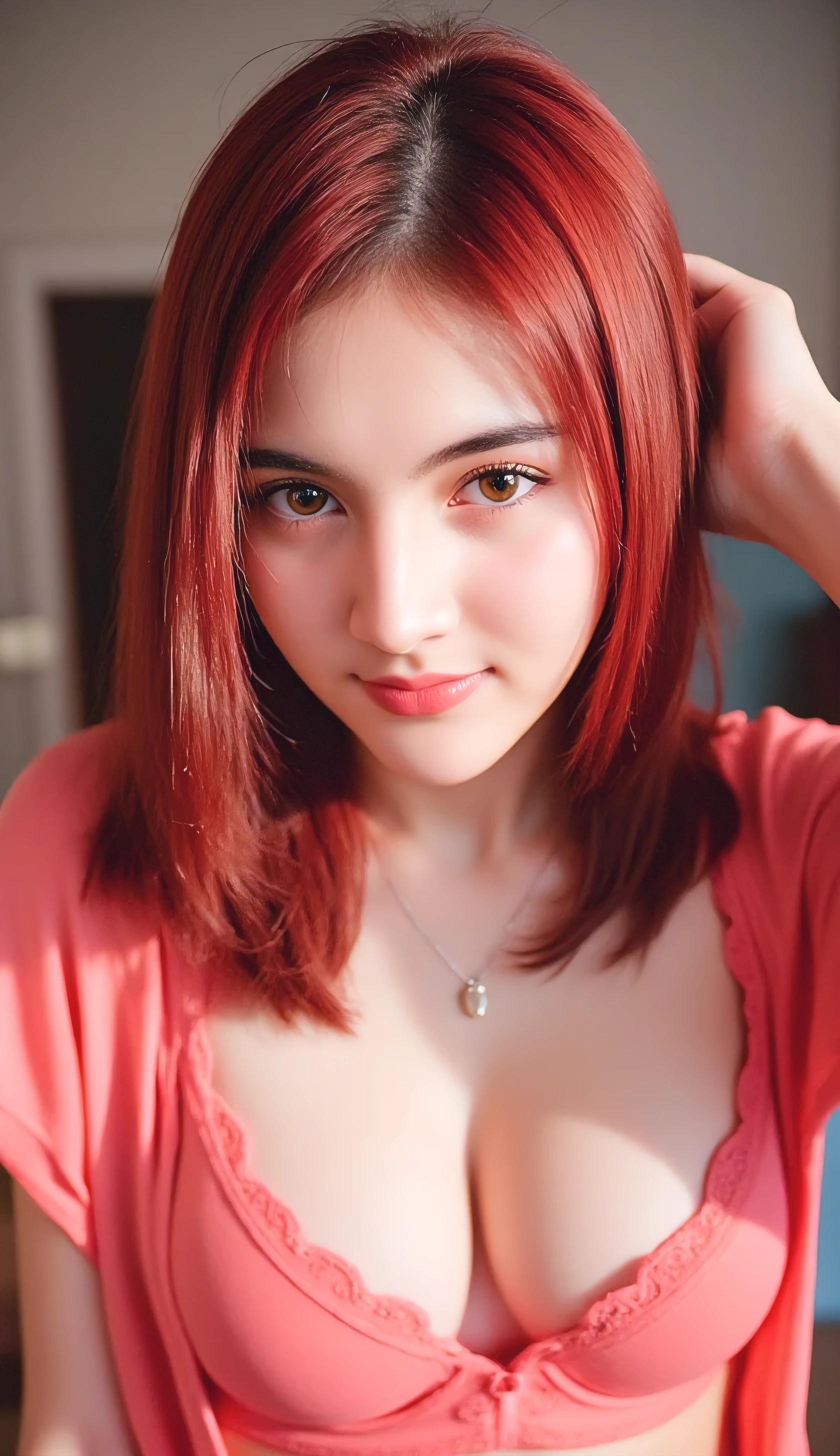 A very sexy girl, White skin, red eyes, short mixed hair, round face, small nose, small mouth, big lips, athletic body, h cup breasts. wide hips, red lingerie, Ray Tracing, 16k, 8k, super detail, textured skin, high details, award winning, Anatomically correct, accurate, masterpiece