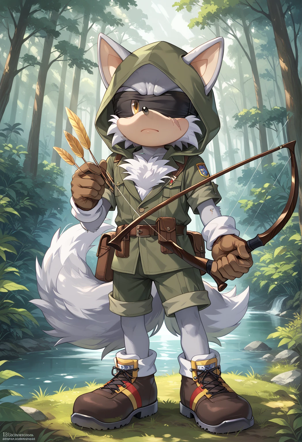 Male Wolf, ((Sonic character oc )), Male adult, ( silver fur in all body ), ( light gray inner ears ), (Alone), ( Short and messy hair ), forest, Left eye Blind , scar near the left eye that crosses the left eye diagonally, bow and quiver, con un hunter bow , Archery, wears a hood, brown gloves with cut toes and boots, yellow Eyes, Day time, ((mobian)), moebius forest, ranger clothing, (Fluffy Fur), Large Fluffy Tail, Serious poses, blindfold only one eye, with a Robot crow on the shoulder