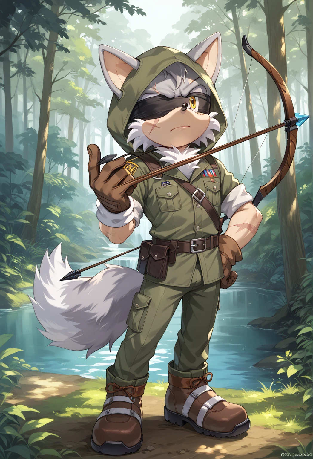 Male Wolf, ((Sonic character oc )), Male adult, ( silver fur in all body ), ( light gray inner ears ), (Alone), ( Short and messy hair ), forest, Left eye Blind , scar near the left eye that crosses the left eye diagonally, bow and quiver, con un hunter bow , Archery, wears a hood, brown gloves with cut toes and boots, yellow Eyes, Day time, ((mobian)), moebius forest, ranger clothing, (Fluffy Fur), Large Fluffy Tail, Serious poses, blindfold only one eye, with a Robot crow on the shoulder