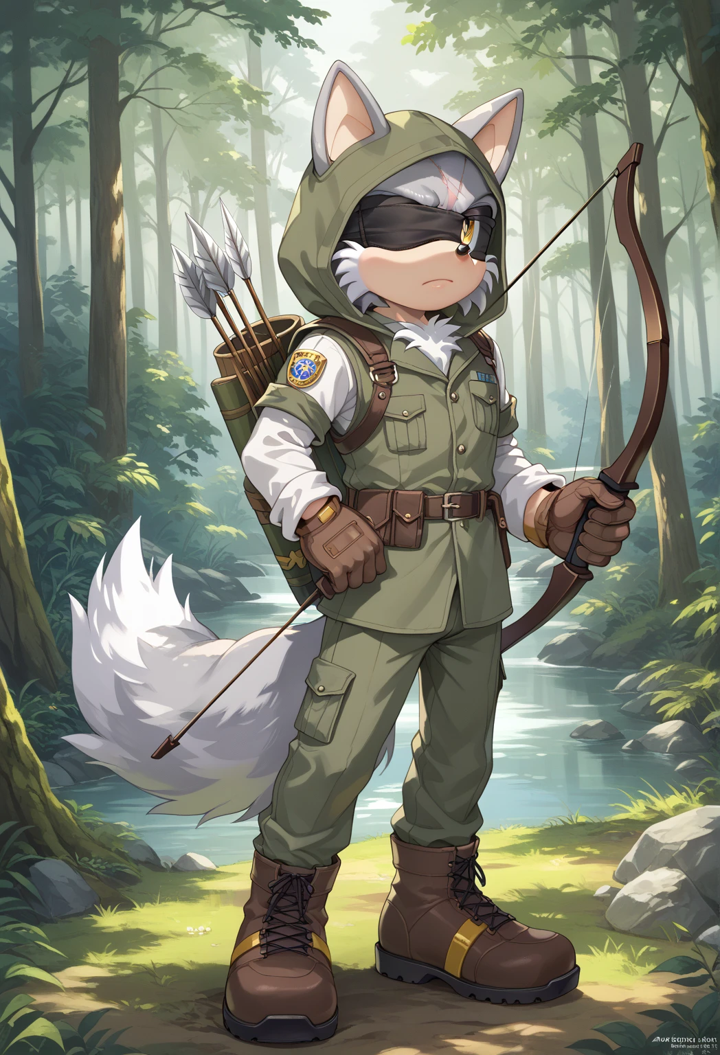 Male Wolf, ((Sonic character oc )), Male adult, ( silver fur in all body ), ( light gray inner ears ), (Alone), ( Short and messy hair ), forest, Left eye Blind , scar near the left eye that crosses the left eye diagonally, bow and quiver, con un hunter bow , Archery, wears a hood, brown gloves with cut toes and boots, yellow Eyes, Day time, ((mobian)), moebius forest, ranger clothing, (Fluffy Fur), Large Fluffy Tail, Serious poses, blindfold only one eye, with a Robot crow on the shoulder