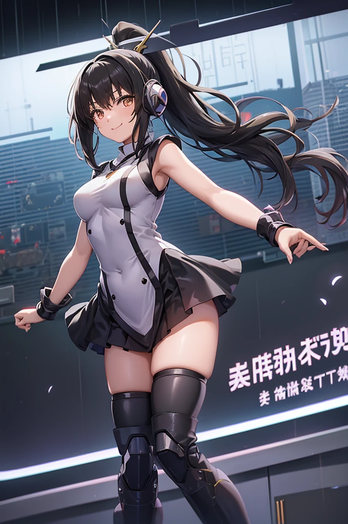 smile、smile、mecha wing、Thighs、tights、chest、Shiny black hair、 ponytail、 1 girl、 solo girl 、 headphones、idol dress、 I have a sword、mecha girl、 miniskirt that snaps around the knee、Ayano Hanesaki 