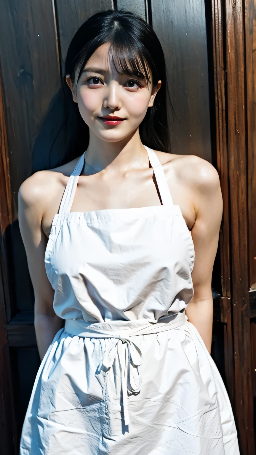 (perfect bodies: 1.1), (short-length straight bob hair:1),attractive collarbone，（extremely detremely detailed CG),(((8k))),Wallpapers，（Extremely refined and beautiful），（masterpiece:2.0),(best qualtiy:2.0），（超高分辨率:2.0），upper body，[A high resolution],a girl,small head,small face,cheerfulness，Smile，Smooth and flawless fair skin,Exquisite makeup,red lips,ultra - detailed,Elongated legs，（Small breasts:1.1),Flat chest,Slim,emaciated,No bra,After bath,(maxi white apron:1.5),At home, in dinning room,Close shot,nightfall,Warm Candlelight,a dinning table,(A plate of dumplings on the table:1.3),(Lying flat on back on the dining table:1.4),from above,cowboy shot