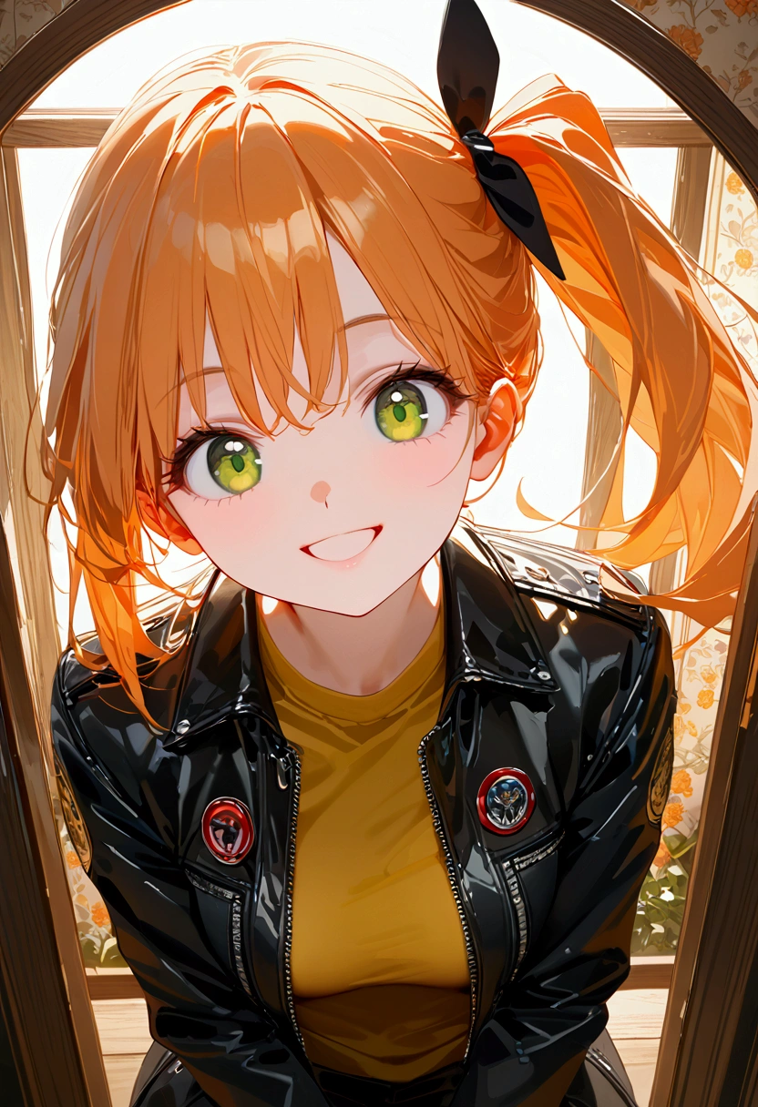 @タカヒロ, 1girl\(Cute,Orange Hair,riders jacket,small breasts,shining green eyes, big eyes,side ponytail,,(big smile),beautiful smile,fun). BREAK .background\((prawn:1.5) and (french-fries:1.5) on the wall\),(Hong Kong action cinema style:1.3),(beautiful Bokeh). BREAK .quality\(masterpiece, best quality,8k,wallpaper of extremely detailed CG unit, high resolution, top-quality, top-quality real texture skin, hyper realistic, increase the resolution, RAW photos, best quality, highly detailed, the wallpaper,golden ratio,high saturation realism, vibrant colors, dramatic lighting, persuasive storytelling, atmospheric scenery, captivating visuals, intricate details, strong emotions,dreamlike world\)