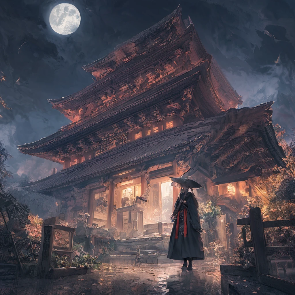 solo,alone,1lady\(gray cat,Rōnin uniform,Rōnin,ronin,wearing kasa hat,eye color cosmic,standing,(full body:1.4),super long shot,from side,breast\),background\(at japanese cemetery, raining,very dark,a blue small moon in the sky,hevy clouds\),super long shot,super long view,. BREAK .quality\(masterpiece, best quality,8k,wallpaper of extremely detailed CG unit, high resolution, top-quality, top-quality real texture skin, hyper realistic, increase the resolution, RAW photos, best quality, highly detailed, the wallpaper,golden ratio,high saturation realism, vibrant colors, dramatic lighting, persuasive storytelling, atmospheric scenery, captivating visuals, intricate details, strong emotions,dreamlike world\)