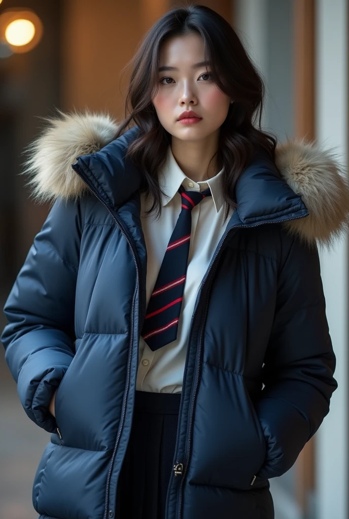 ((best quality)), ((masterpiece)), (detailed), perfect face, beautiful Japanese 18 year old woman, silk tight navy blue topshop puffer coat, seductive, face and body focus, (large breasts) , school uniform, tight silk white blouse, grey pleated skirt, fluffy fur hood, photorealistic, photograph, shiny blouse, blushing, in classroom, open coat, silk coat lining