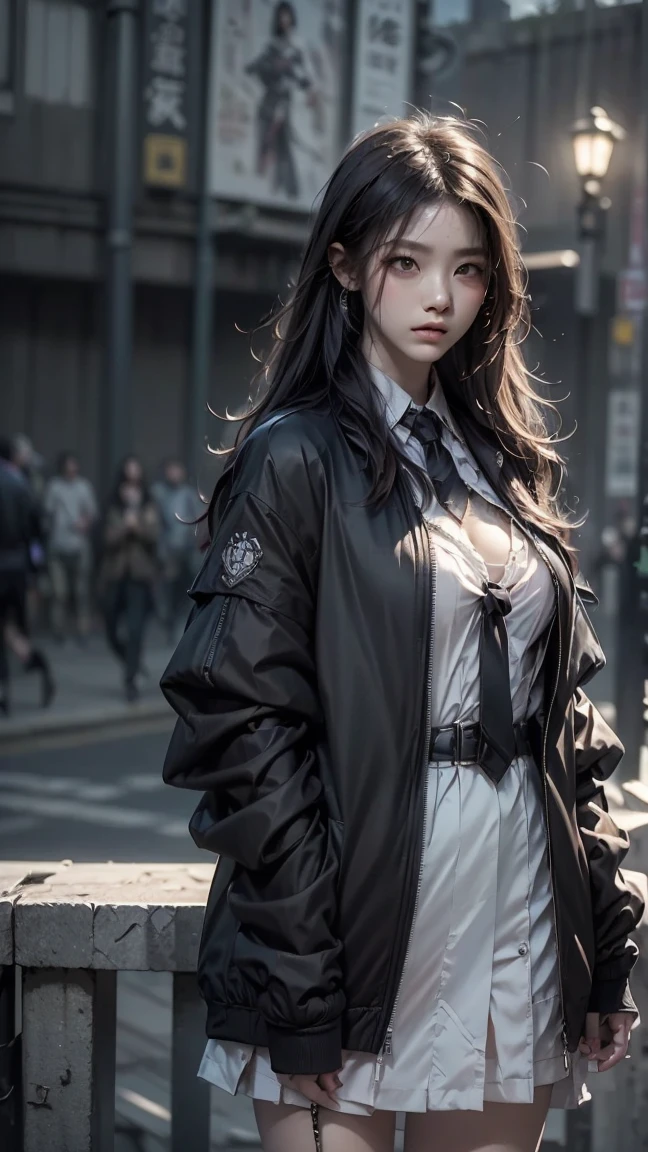 High resolution, masterpiece,  high detail,  Very Detailed ,  Ultra HD, night,game, Character Design ,Female Samurai , Liu Hai with long hair , Closed-eye , School Uniform,tie, Black Jacket Jacket, Urban Rooftop , split lens, 3D Rendering, 