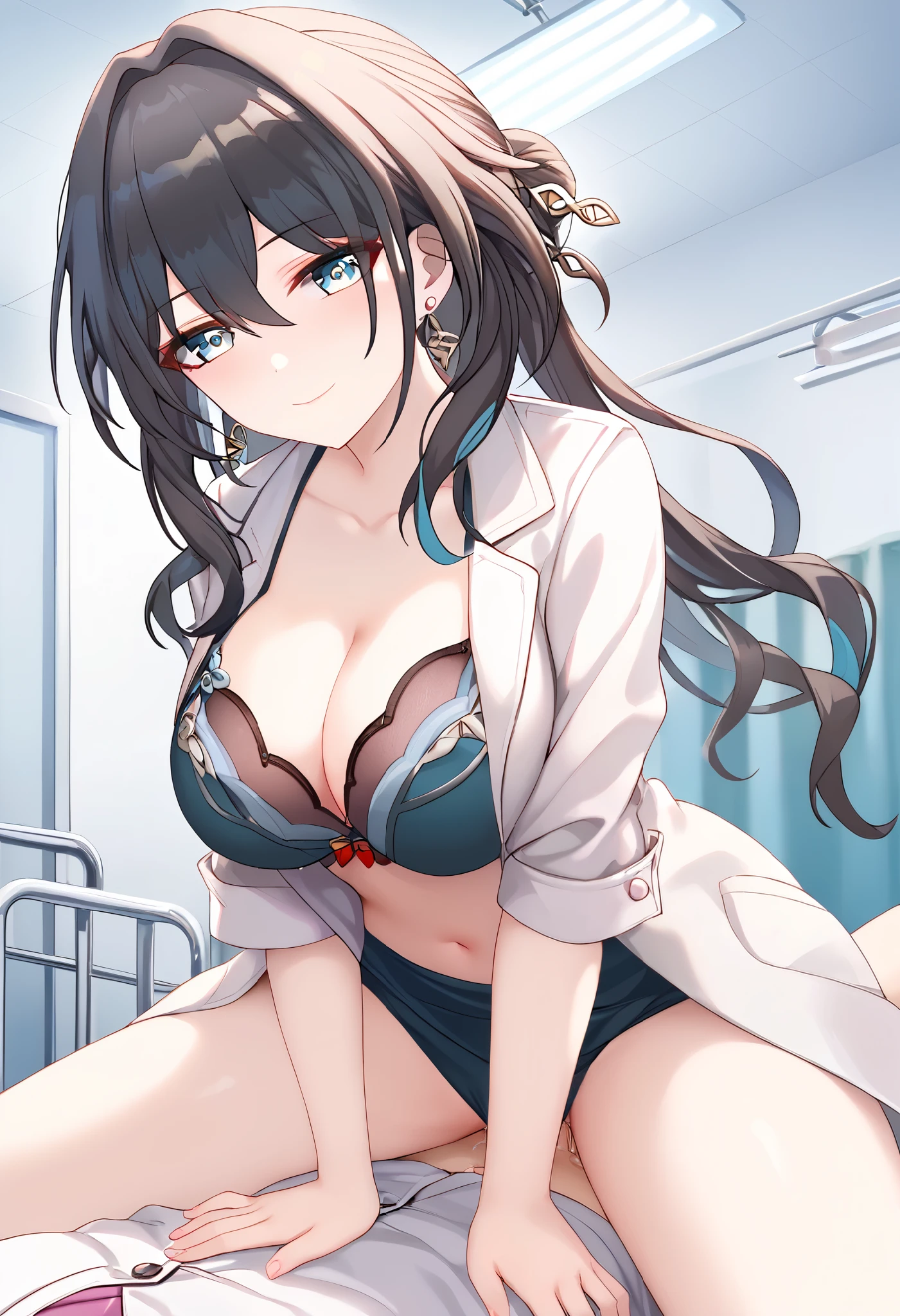 ruan mei (honkai star rail), 1girl,solo, doctor, long hair, looking at viewer, aroused, maternal smile, blush, large breasts, Cleavage,black hair, multicolored hair ,thighs, earrings,closed mouth, alternate costume, indoors, Doctor's white coat ,black bra, vagina,pussy juice, bottomless , from below, midriff peek, girl_on_top, straddling, sit astride,1boy,small penis, cowgirl sex, clothed sex, Hospital examination room,on the bed, Temptation,